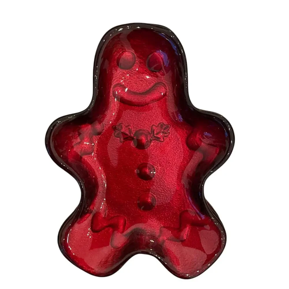 Akcam CHRISTMAS Gingerbread Man Glass Appetizer Plates Holiday Red Set of 4 New